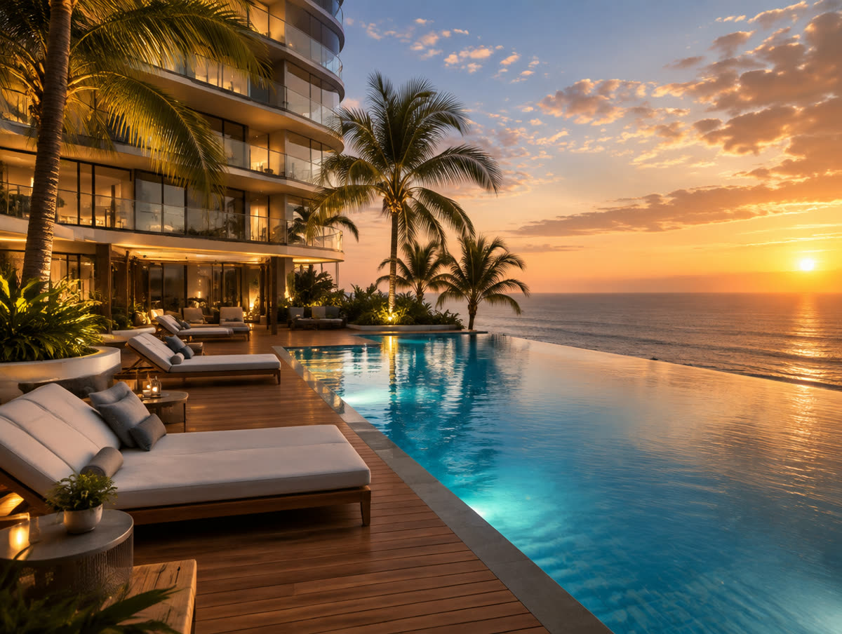 Tour virtual 360° da área comum do Majestic — piscina de borda infinita